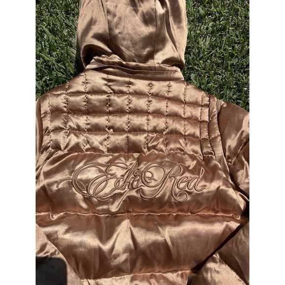 Ecko Red Puffer Jacket Womens XL Y2k Real Racoon Fur Hood Zip Streetwear - Picture 7 of 8